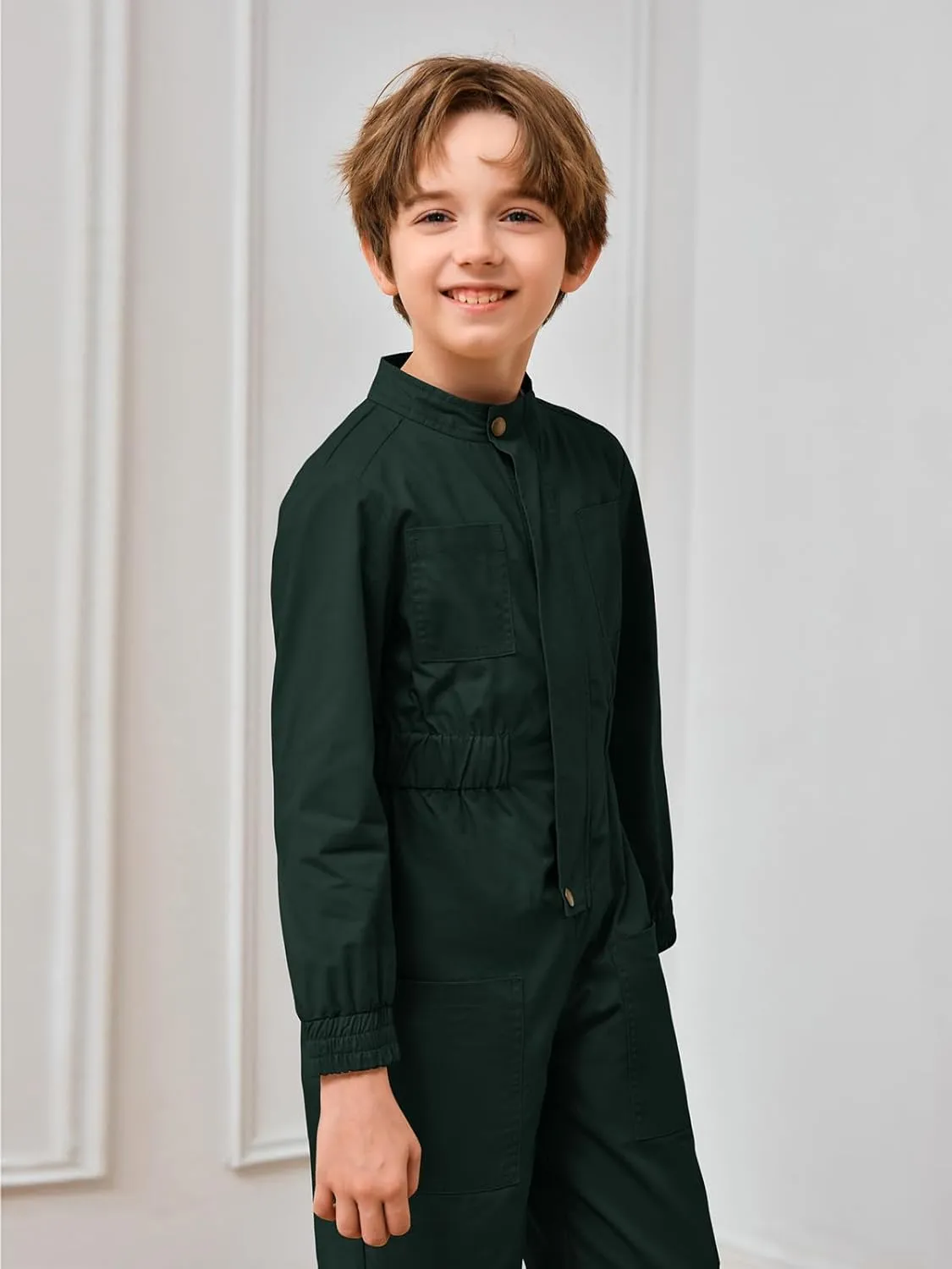 Haloumoning Kids Coveralls Boys Long Sleeve Jumpsuit Zip Up Flight Suit with Pockets 5-14 Years