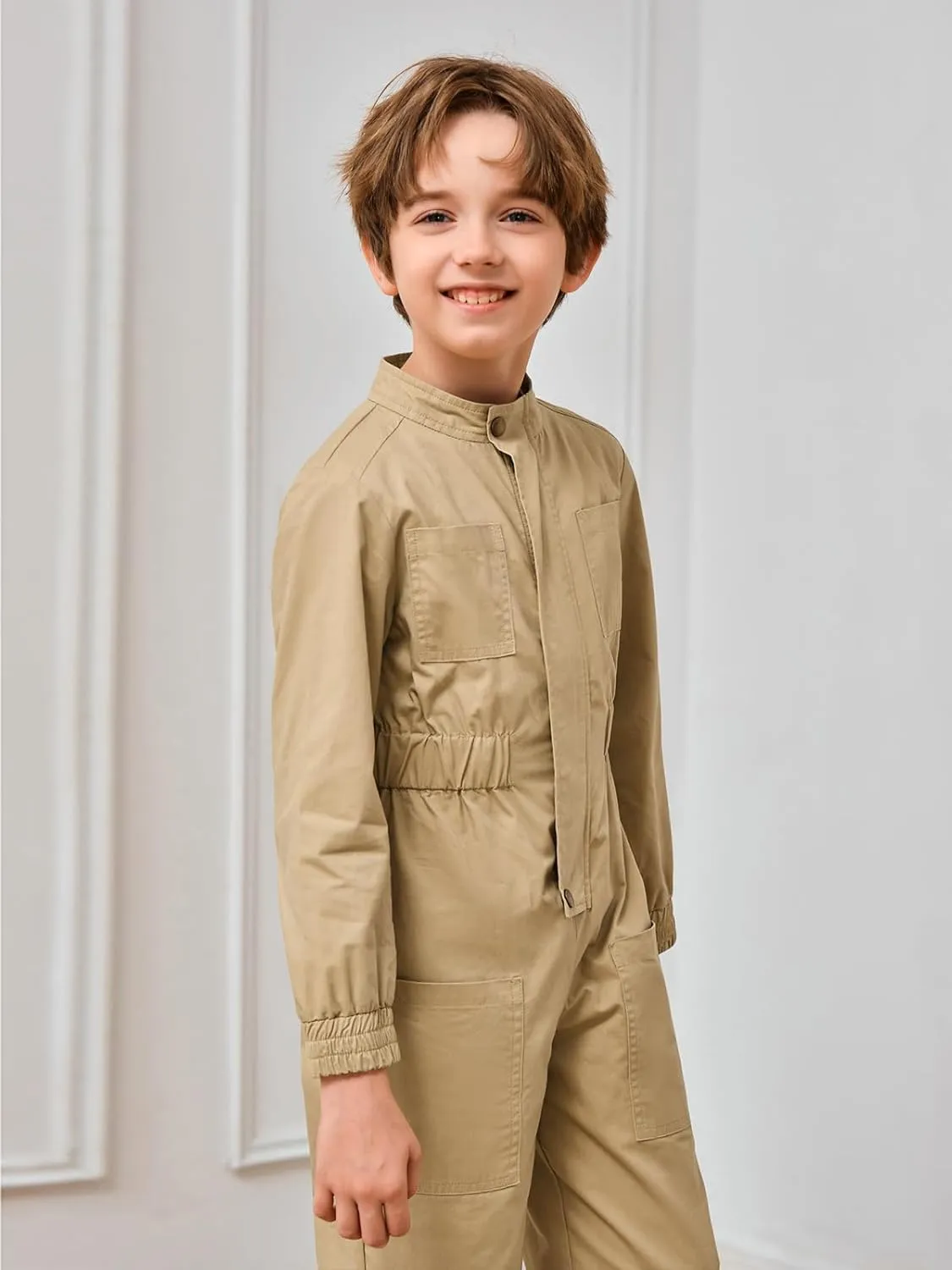 Haloumoning Kids Coveralls Boys Long Sleeve Jumpsuit Zip Up Flight Suit with Pockets 5-14 Years