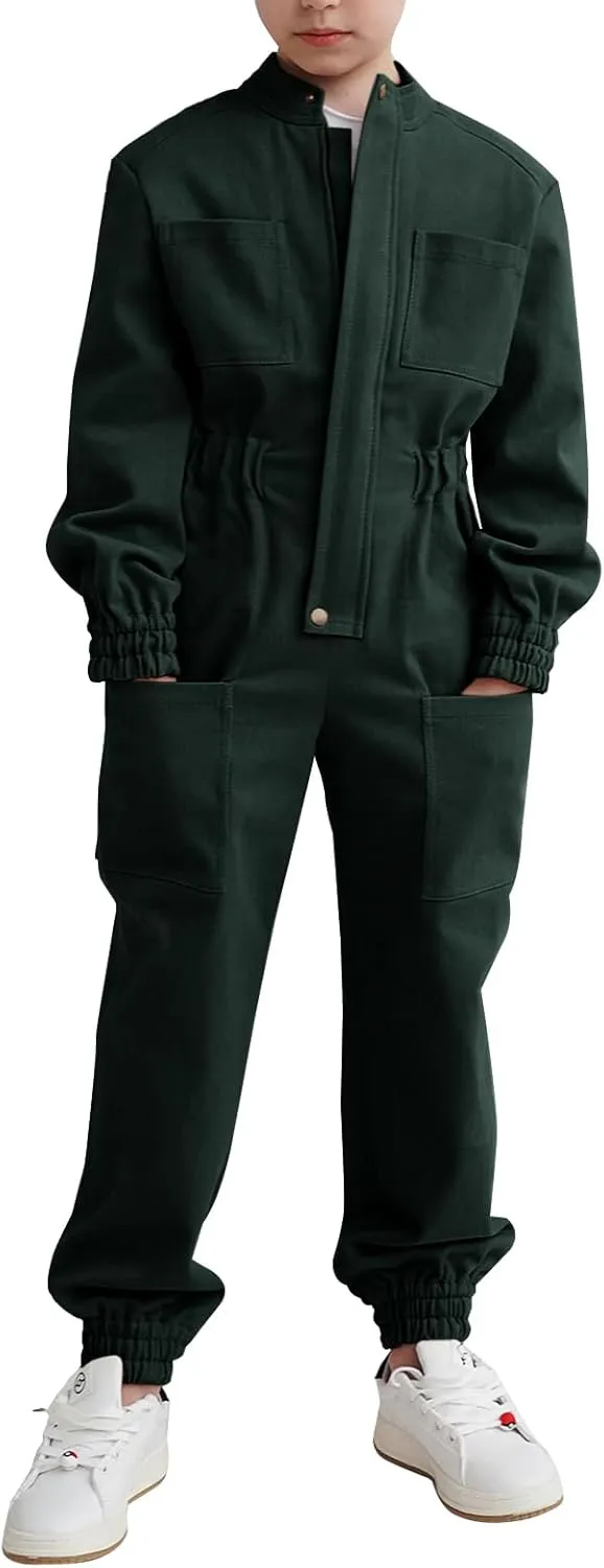 Haloumoning Kids Coveralls Boys Long Sleeve Jumpsuit Zip Up Flight Suit with Pockets 5-14 Years