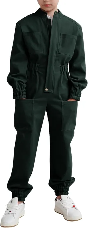 Haloumoning Kids Coveralls Boys Long Sleeve Jumpsuit Zip Up Flight Suit with Pockets 5-14 Years