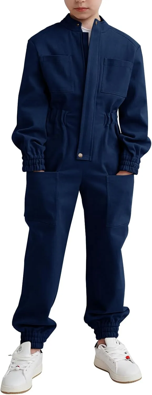 Haloumoning Kids Coveralls Boys Long Sleeve Jumpsuit Zip Up Flight Suit with Pockets 5-14 Years