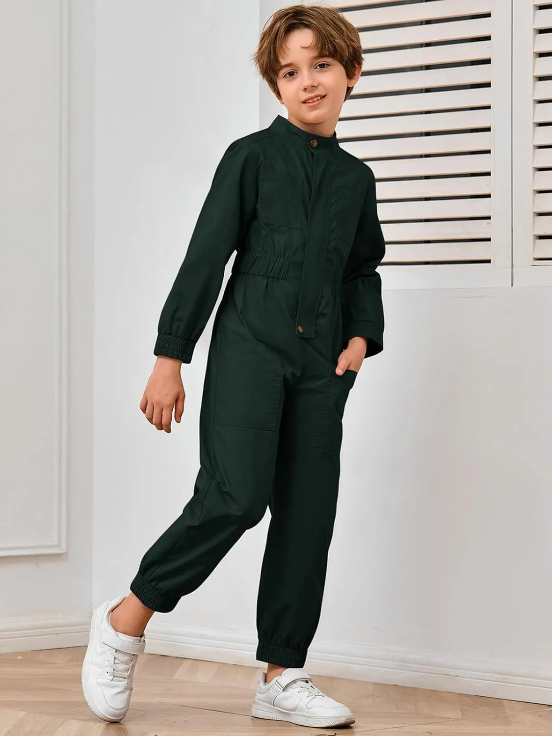 Haloumoning Kids Coveralls Boys Long Sleeve Jumpsuit Zip Up Flight Suit with Pockets 5-14 Years
