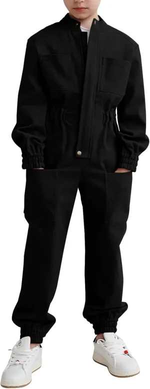 Haloumoning Kids Coveralls Boys Long Sleeve Jumpsuit Zip Up Flight Suit with Pockets 5-14 Years