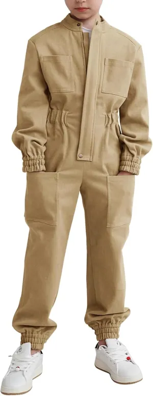 Haloumoning Kids Coveralls Boys Long Sleeve Jumpsuit Zip Up Flight Suit with Pockets 5-14 Years