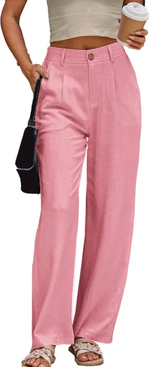 heipeiwa Women's Linen Casual High Waist Wide Leg Straight Dress Cotton Linen Pants Button Trousers