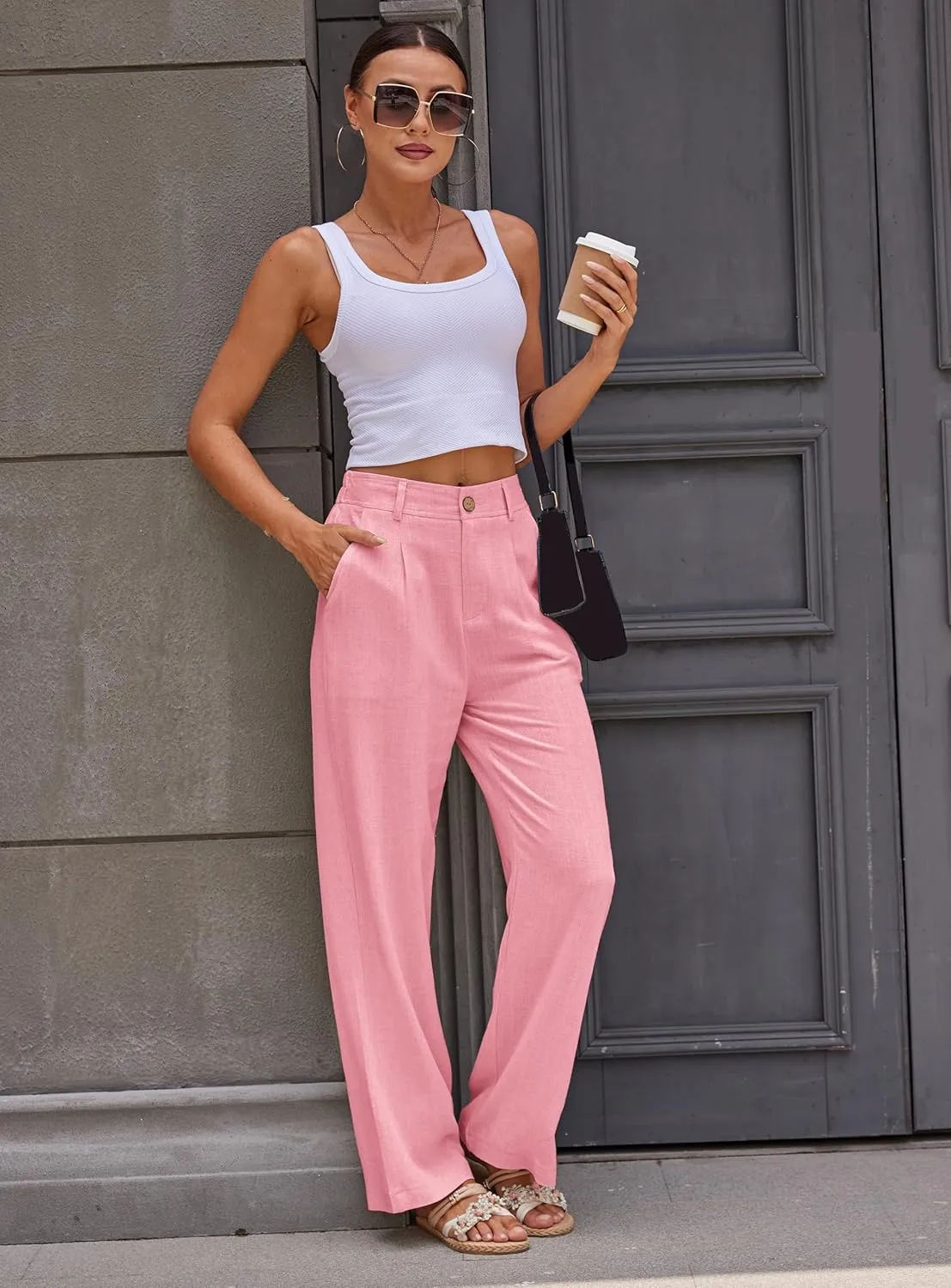 heipeiwa Women's Linen Casual High Waist Wide Leg Straight Dress Cotton Linen Pants Button Trousers