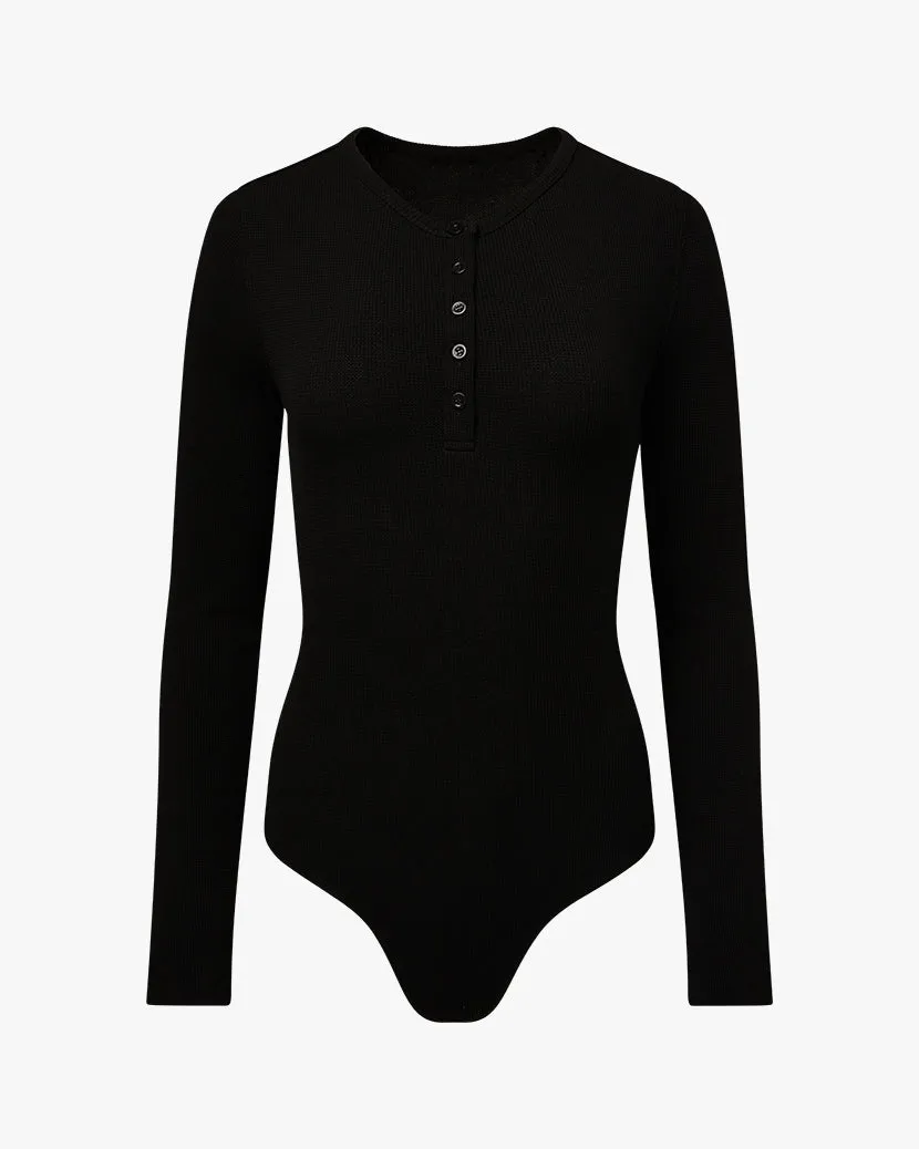 Henley Button Down Bodysuit Black