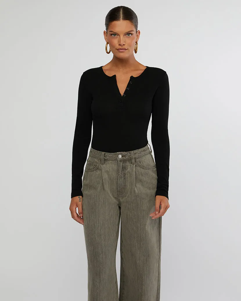 Henley Button Down Bodysuit Black