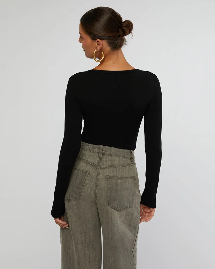 Henley Button Down Bodysuit Black