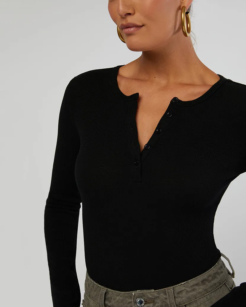 Henley Button Down Bodysuit Black