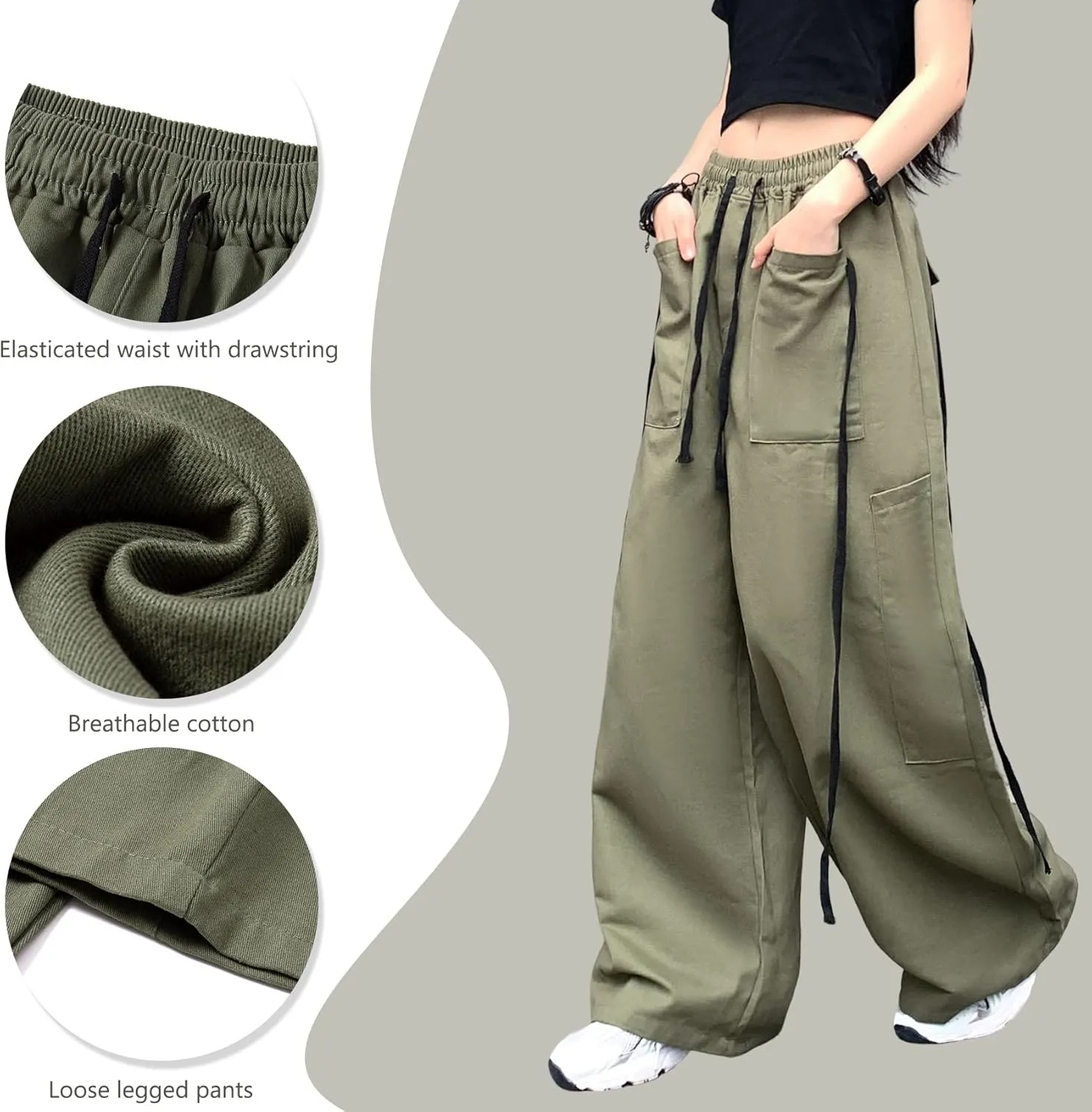 Hewlshawn Women's Pants Baggy Gothic Wide Leg Cargo Casual Trousers Y2k Harajuku Streetwear Loose Punk
