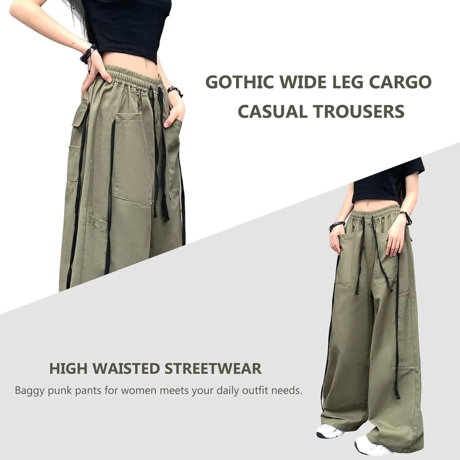 Hewlshawn Women's Pants Baggy Gothic Wide Leg Cargo Casual Trousers Y2k Harajuku Streetwear Loose Punk