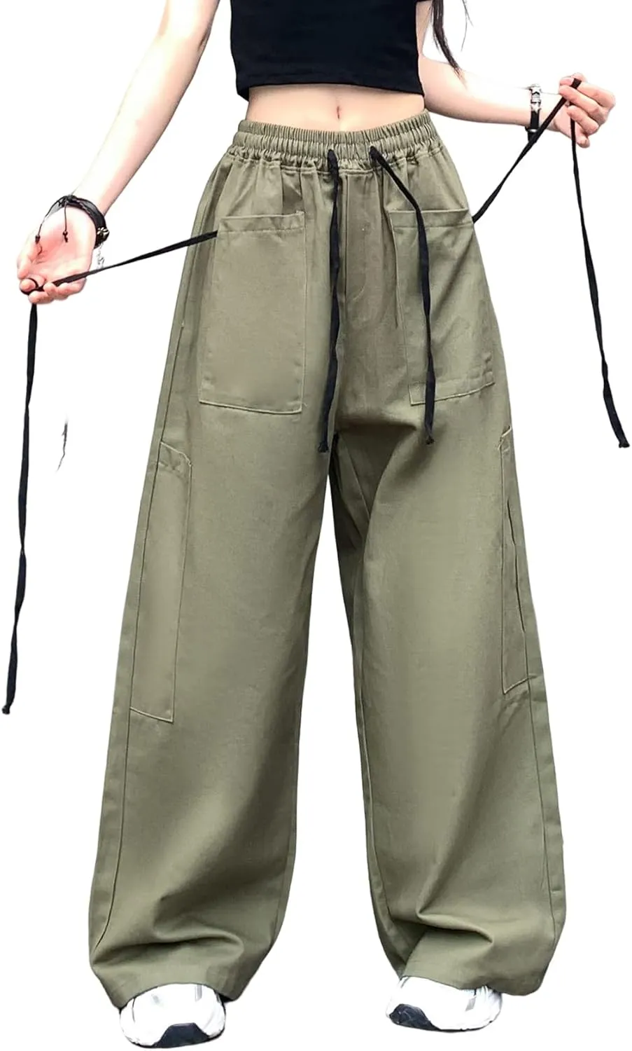 Hewlshawn Women's Pants Baggy Gothic Wide Leg Cargo Casual Trousers Y2k Harajuku Streetwear Loose Punk