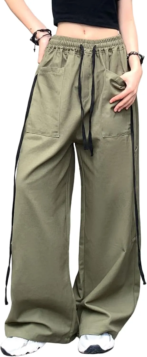 Hewlshawn Women's Pants Baggy Gothic Wide Leg Cargo Casual Trousers Y2k Harajuku Streetwear Loose Punk
