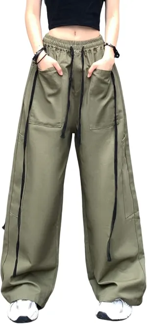 Hewlshawn Women's Pants Baggy Gothic Wide Leg Cargo Casual Trousers Y2k Harajuku Streetwear Loose Punk