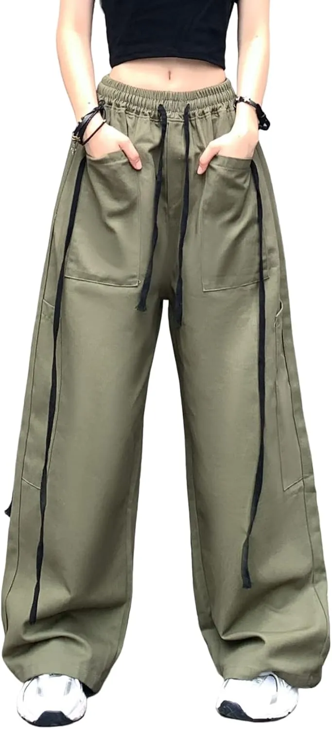 Hewlshawn Women's Pants Baggy Gothic Wide Leg Cargo Casual Trousers Y2k Harajuku Streetwear Loose Punk
