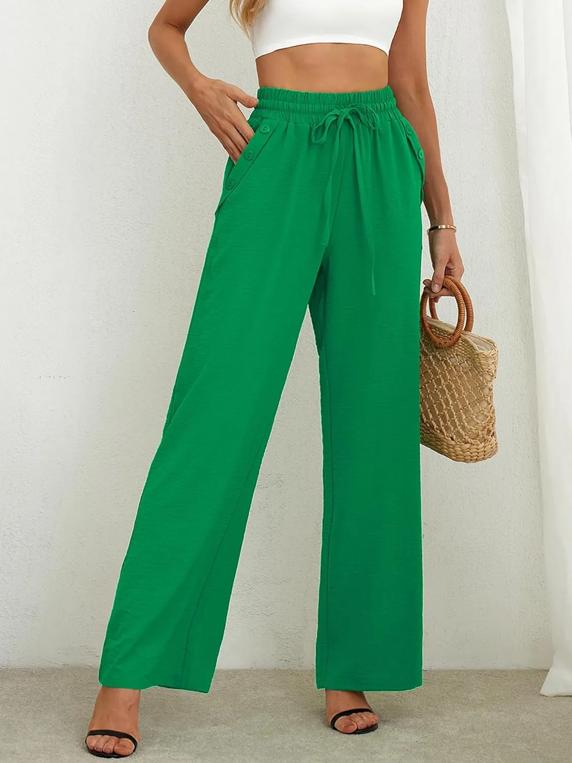 Heymoments Women's Wide Leg Lounge Pants Lightweight High Waisted Adjustable Tie Knot Loose Fit Trousers with Pockets