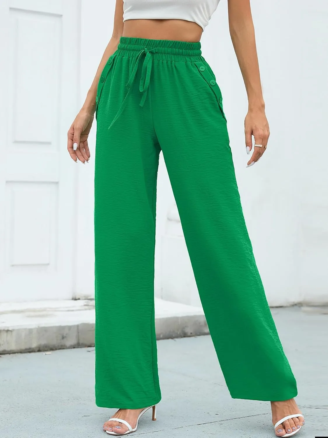 Heymoments Women's Wide Leg Lounge Pants Lightweight High Waisted Adjustable Tie Knot Loose Fit Trousers with Pockets