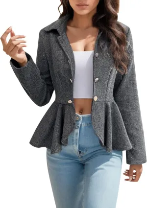 HGps8w Women's Dressy Casual Peplum Ruffle Hem Blazers Elegant Slim Fit Lapel Long Sleeve Work Office Suit Jackets