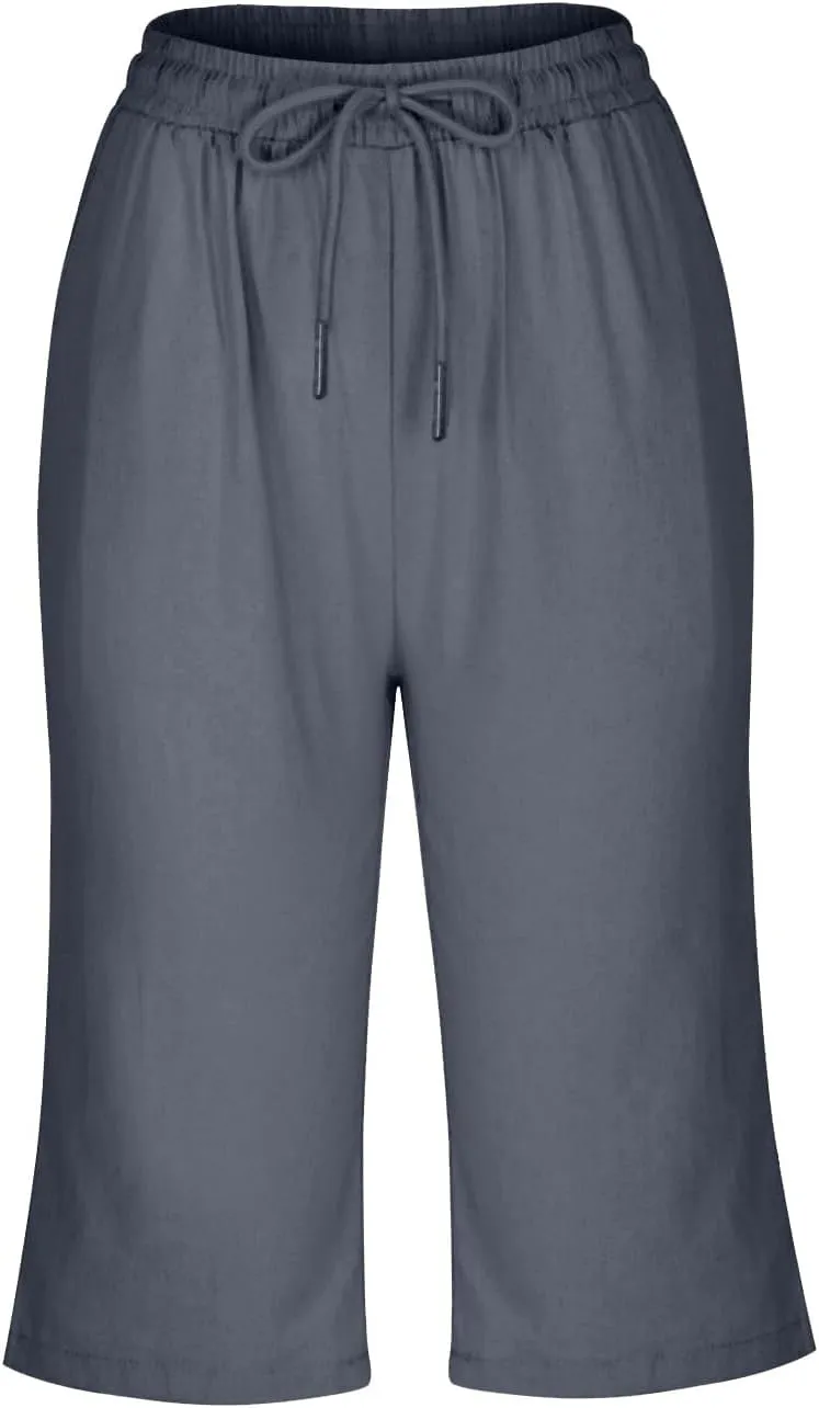 Hiking Pants Women Drawstring Summer Loose Womens Capris Cargo Petite Capri Pants for Women Stretch Linen Cotton