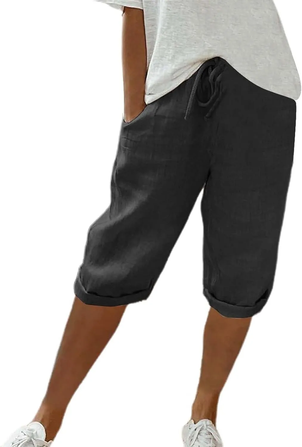 Hiking Pants Women Drawstring Summer Loose Womens Capris Cargo Petite Capri Pants for Women Stretch Linen Cotton