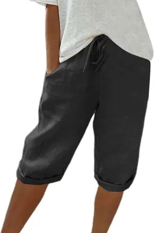 Hiking Pants Women Drawstring Summer Loose Womens Capris Cargo Petite Capri Pants for Women Stretch Linen Cotton