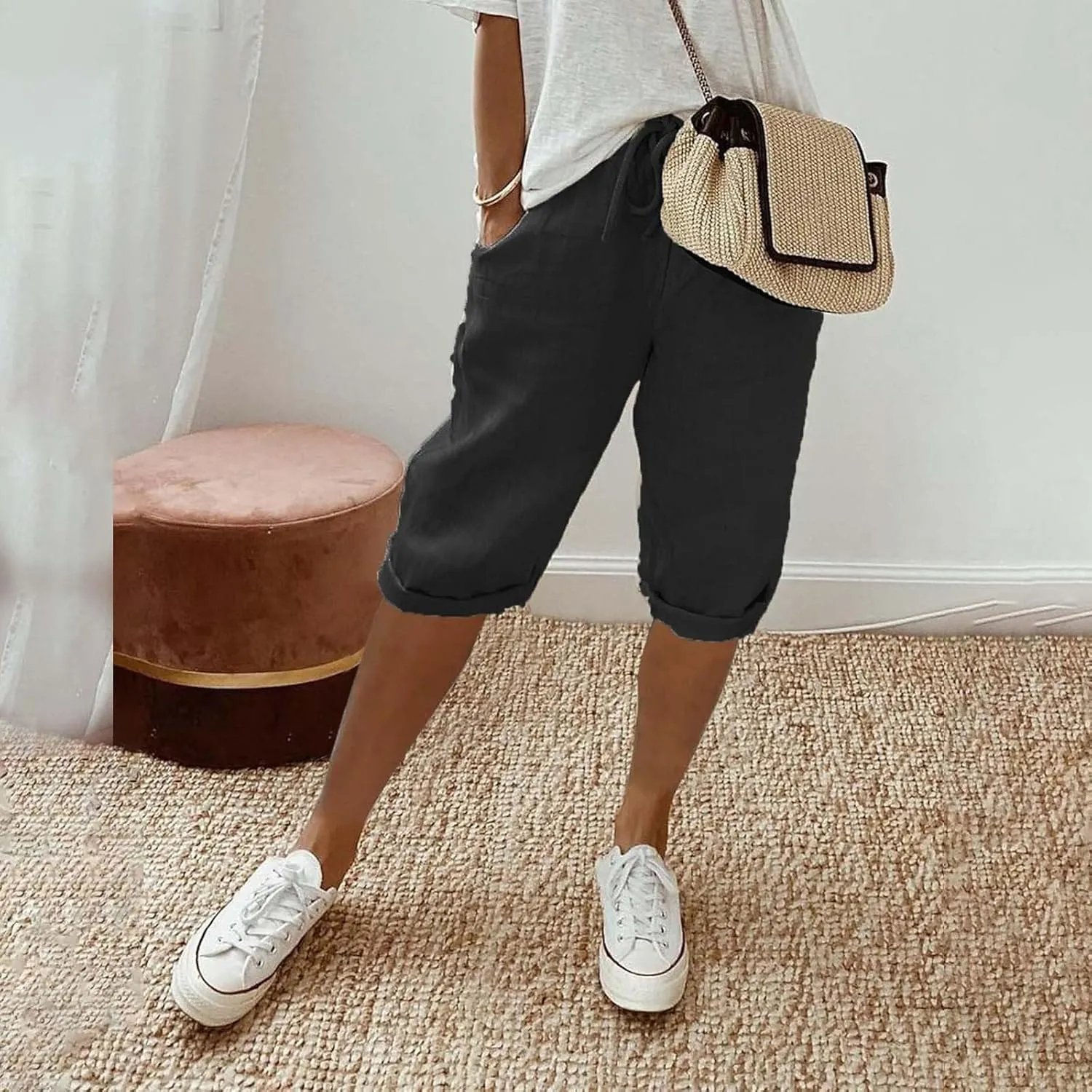 Hiking Pants Women Drawstring Summer Loose Womens Capris Cargo Petite Capri Pants for Women Stretch Linen Cotton