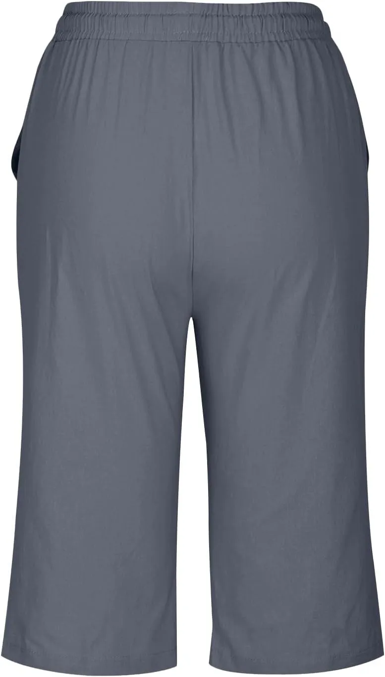 Hiking Pants Women Drawstring Summer Loose Womens Capris Cargo Petite Capri Pants for Women Stretch Linen Cotton