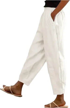 Hiking Pants Women Elastic Waist Loose Cargo Womens Capris Linen Cotton Summer Capri Pants for Women Stretch Petite