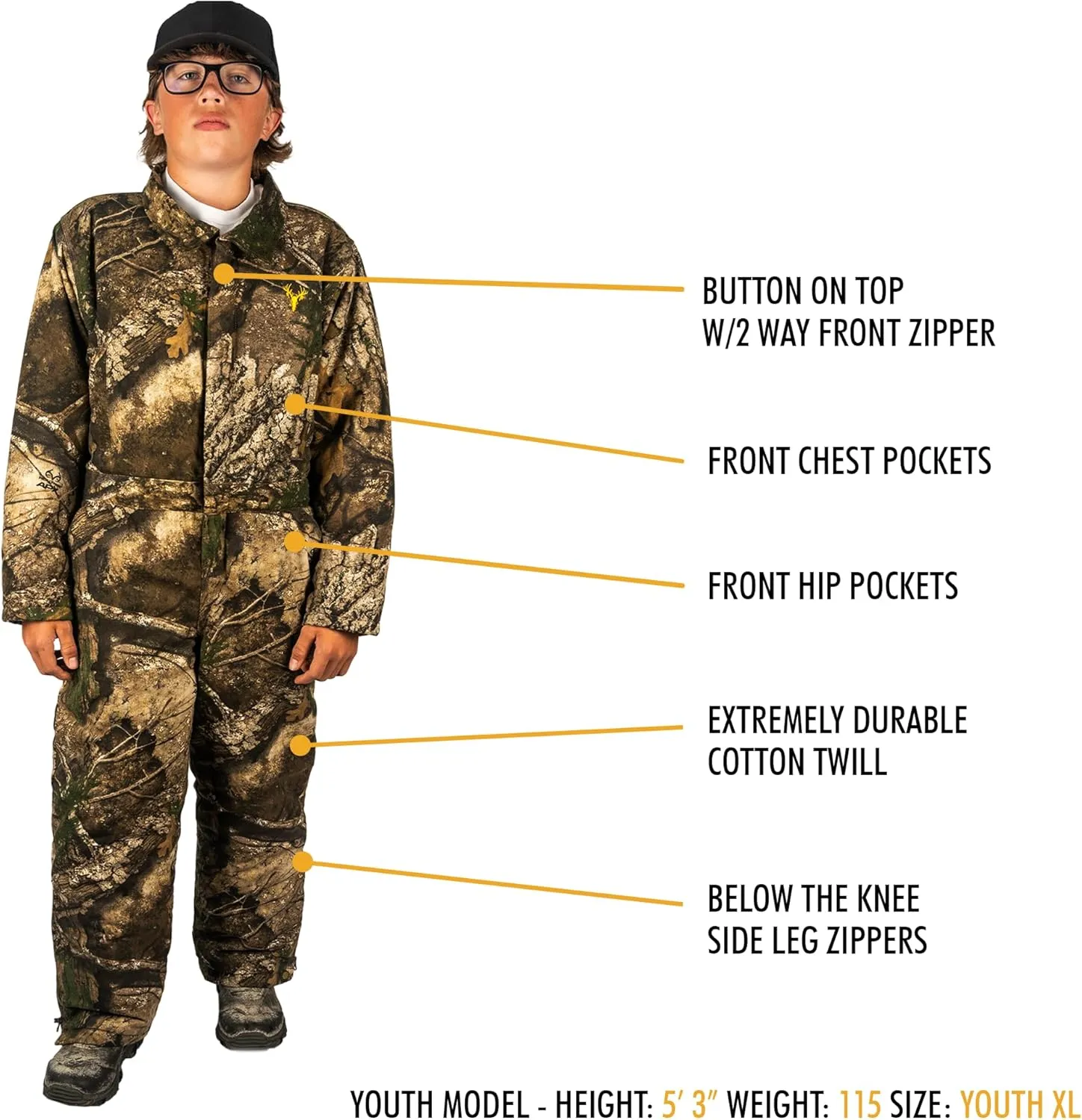 HOT SHOT Youth Camo Hunting Bib, Insulated Camouflage Twill Coverall, Comfortable Kids Hunting Clothes