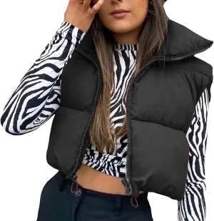 Hvyesh Women's Cropped Puffer Vest Winter Jackets Full Zip Stand Collar Sleeveless Cotton Padded Bubble Lightweight Outwear