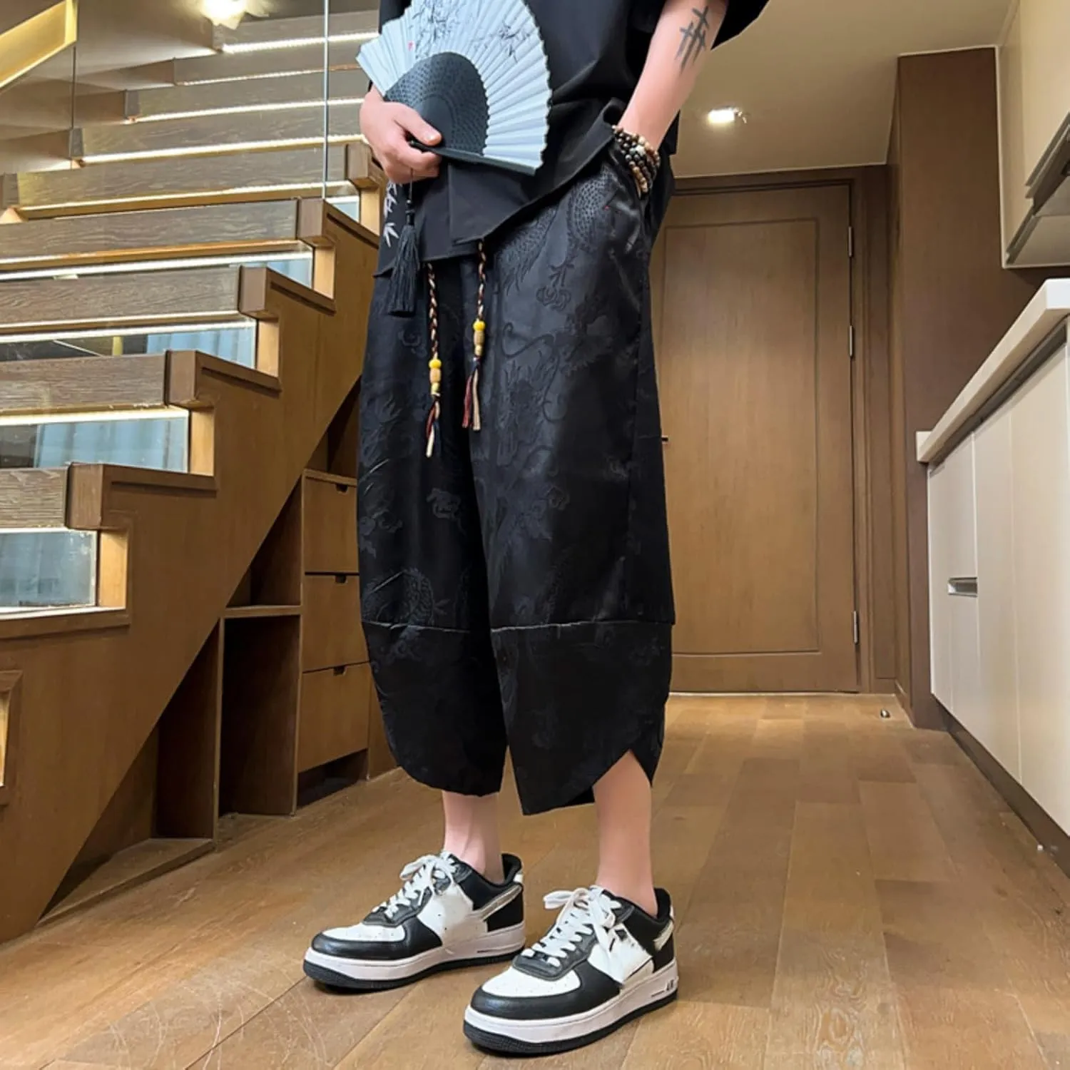 Japanese Style Summer Dragon Pattern Mens Cropped Pants - Loose-Fitting Casual Harem Pants