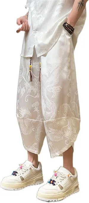 Japanese Style Summer Dragon Pattern Mens Cropped Pants - Loose-Fitting Casual Harem Pants