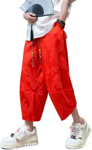 Japanese Style Summer Dragon Pattern Mens Cropped Pants - Loose-Fitting Casual Harem Pants