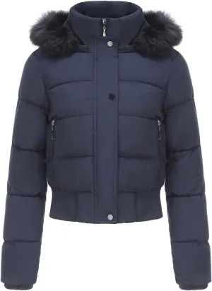 JOAU Women's Cotton Padded Puffer Jackets Zip Up Quilted Down Outwear Winter Warm Detachable Fur Hooded Pockets Short Coats