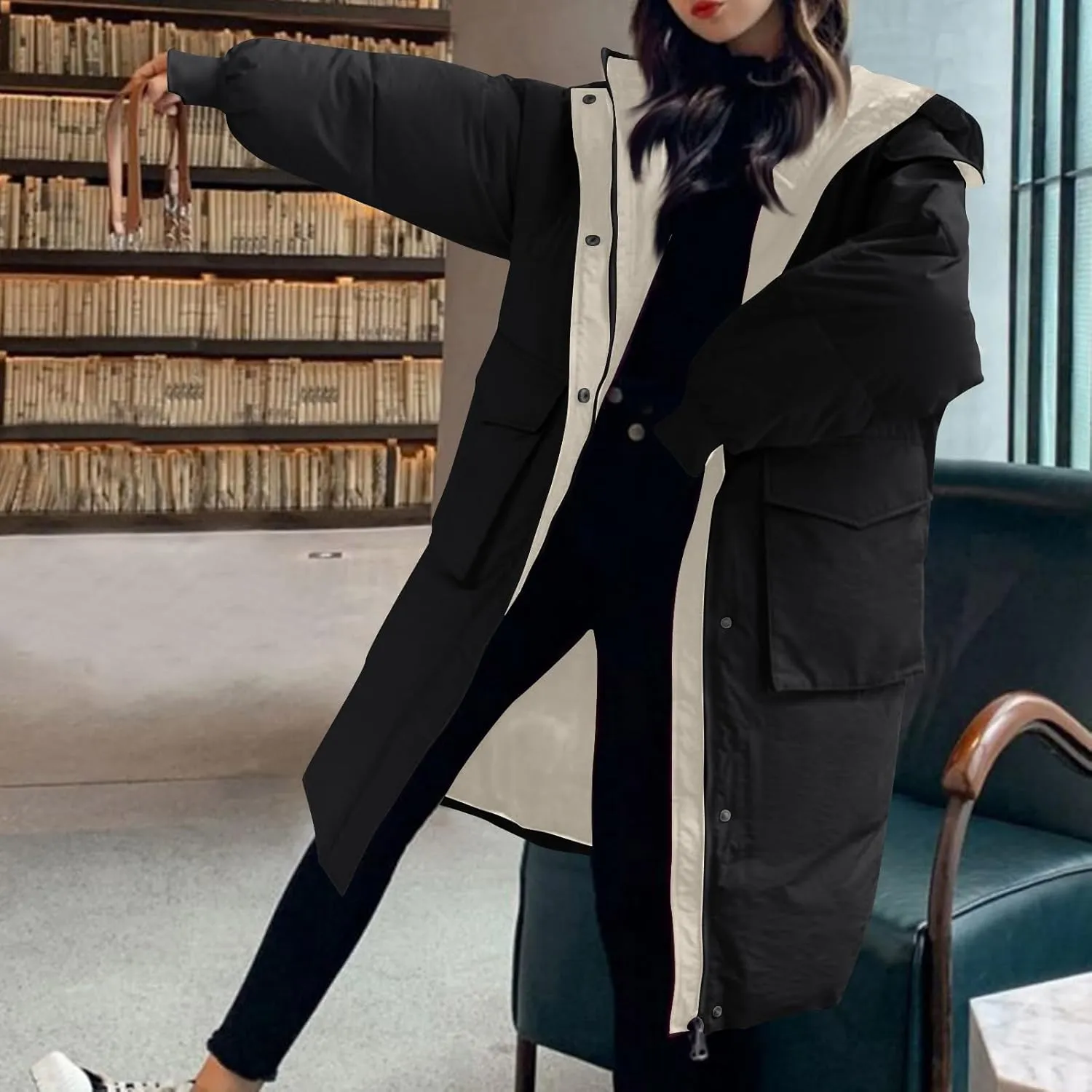 JOAU Women's Fashion Hooded Coat 2024 Quilted Long Puffer Jackets Warm Winter Zip Color Block Parka Coats Down Outerwear