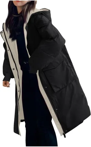 JOAU Women's Fashion Hooded Coat 2024 Quilted Long Puffer Jackets Warm Winter Zip Color Block Parka Coats Down Outerwear