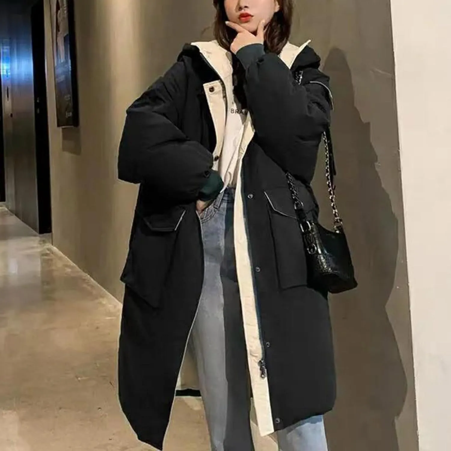 JOAU Women's Fashion Hooded Coat 2024 Quilted Long Puffer Jackets Warm Winter Zip Color Block Parka Coats Down Outerwear