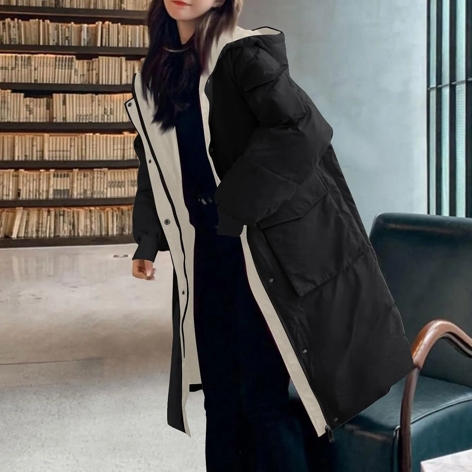 JOAU Women's Fashion Hooded Coat 2024 Quilted Long Puffer Jackets Warm Winter Zip Color Block Parka Coats Down Outerwear