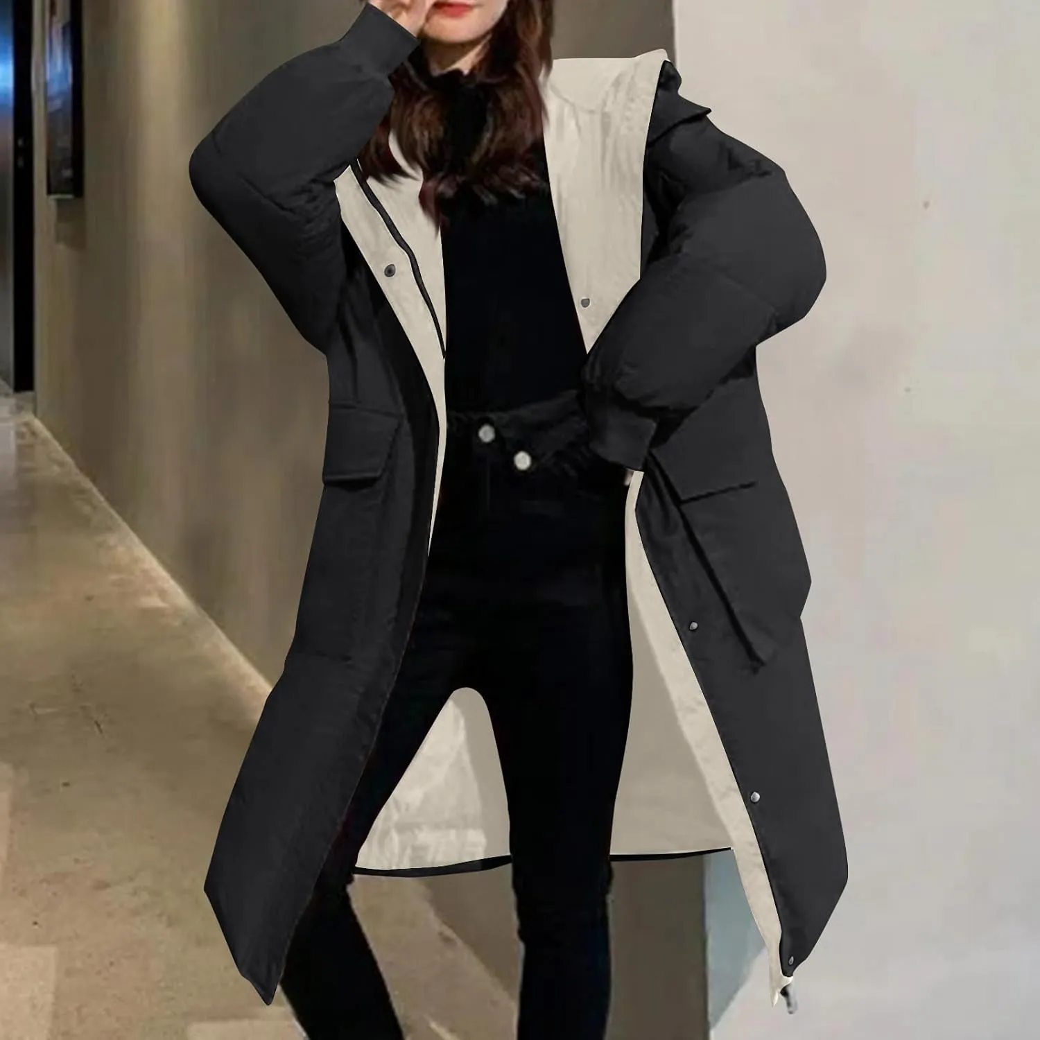 JOAU Women's Fashion Hooded Coat 2024 Quilted Long Puffer Jackets Warm Winter Zip Color Block Parka Coats Down Outerwear