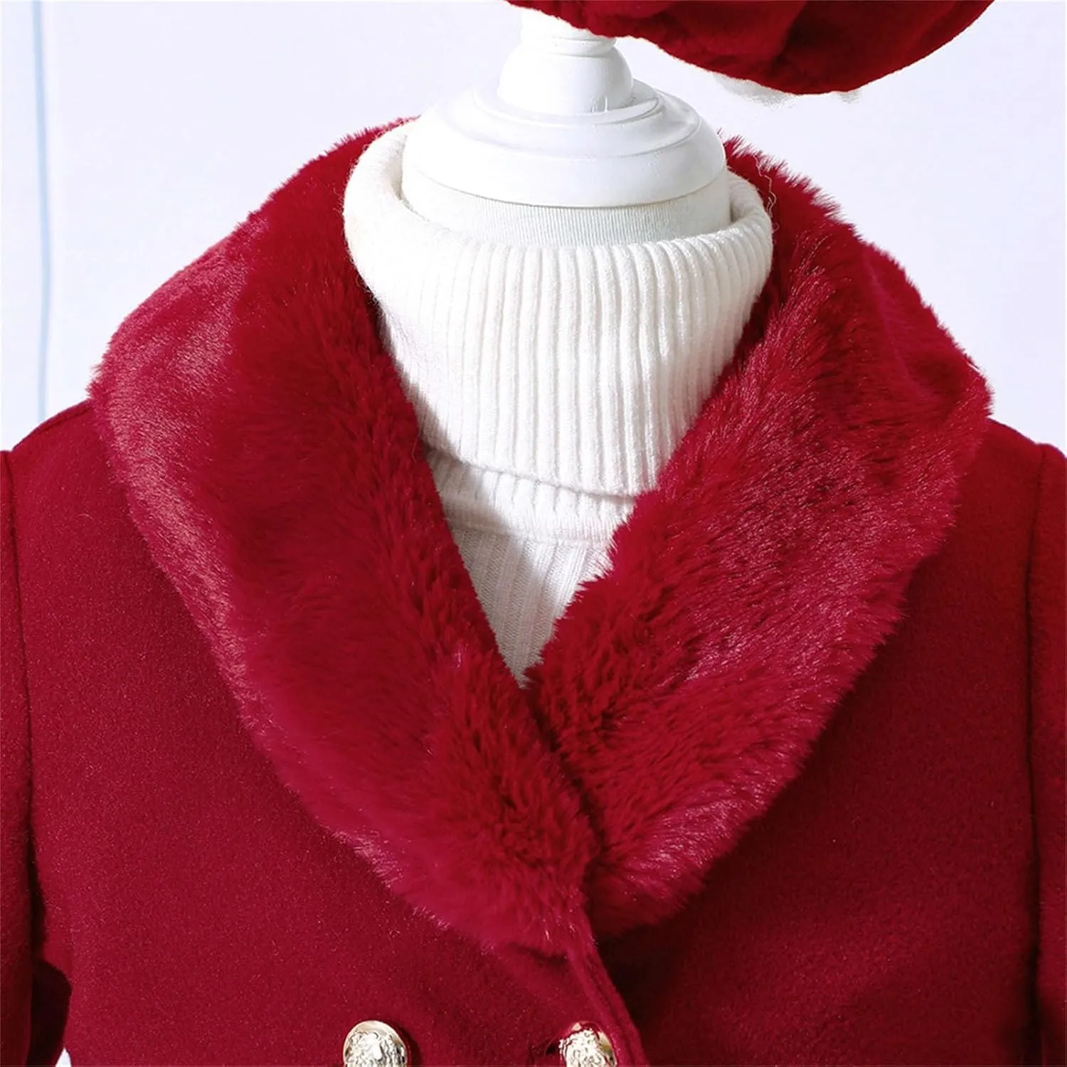 Kids Girls Trench Coat Long Sleeve Furry Collar Warm Peacoat with Beret Hat Set for Casual Wear