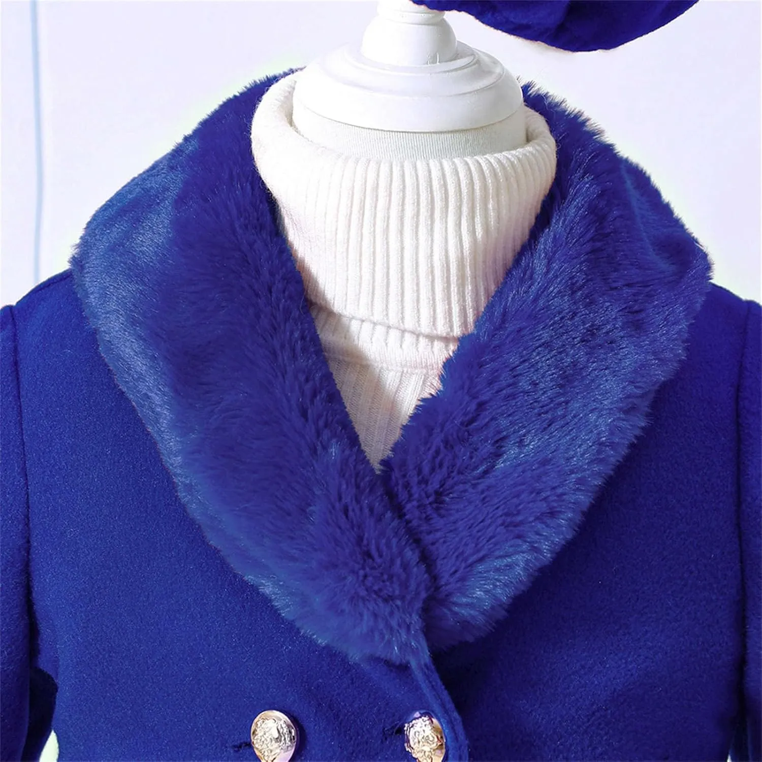 Kids Girls Trench Coat Long Sleeve Furry Collar Warm Peacoat with Beret Hat Set for Casual Wear