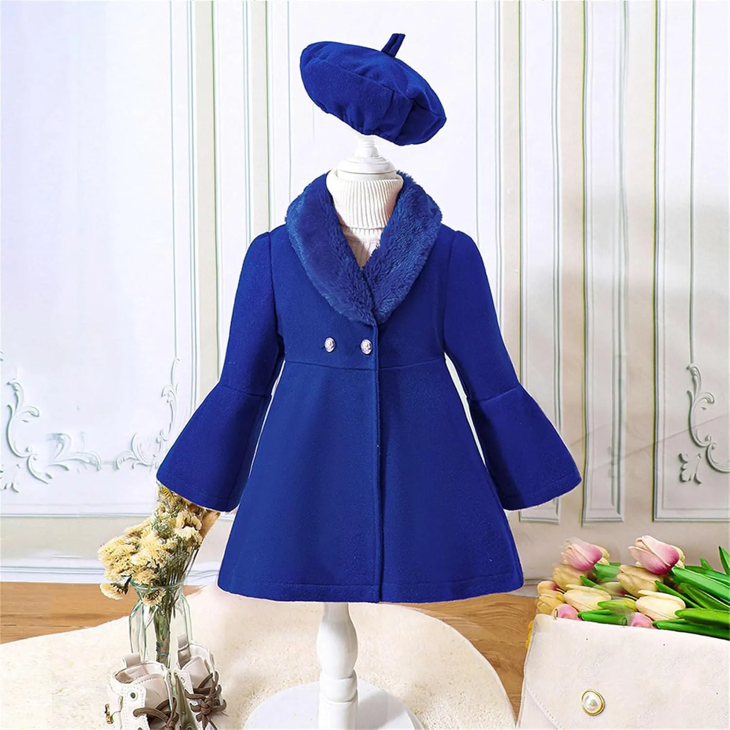 Kids Girls Trench Coat Long Sleeve Furry Collar Warm Peacoat with Beret Hat Set for Casual Wear