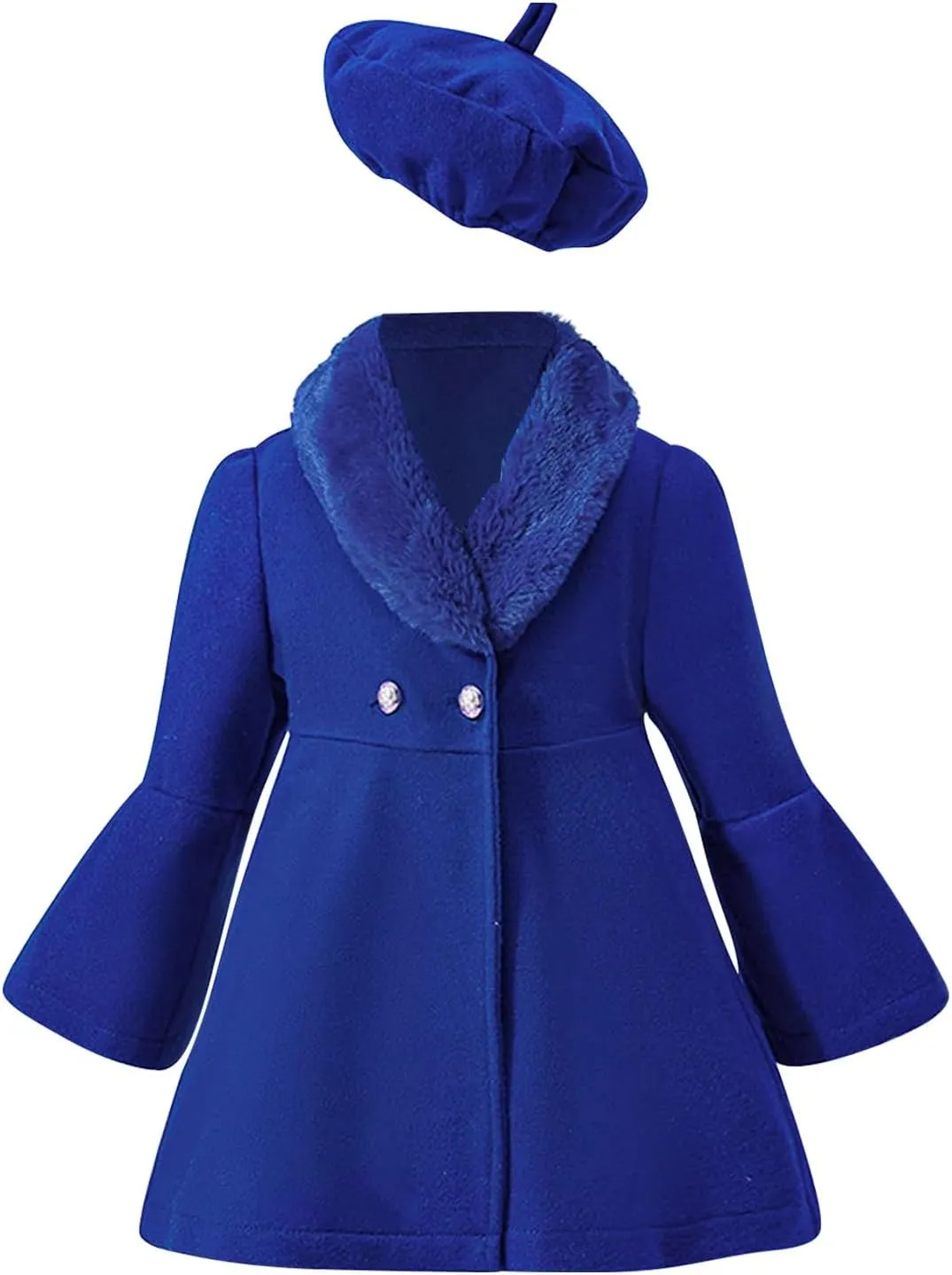 Kids Girls Trench Coat Long Sleeve Furry Collar Warm Peacoat with Beret Hat Set for Casual Wear