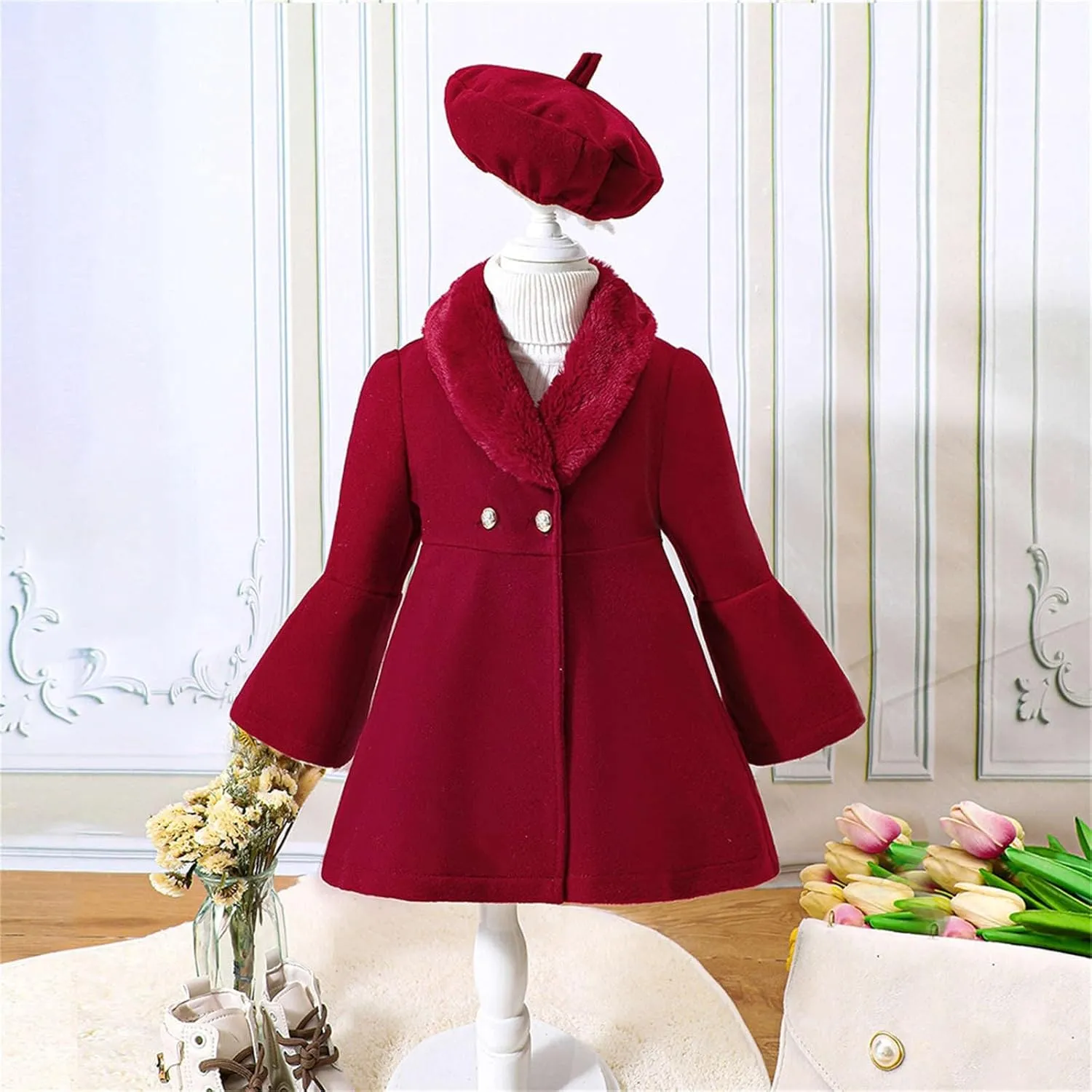 Kids Girls Trench Coat Long Sleeve Furry Collar Warm Peacoat with Beret Hat Set for Casual Wear