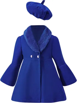 Kids Girls Trench Coat Long Sleeve Furry Collar Warm Peacoat with Beret Hat Set for Casual Wear
