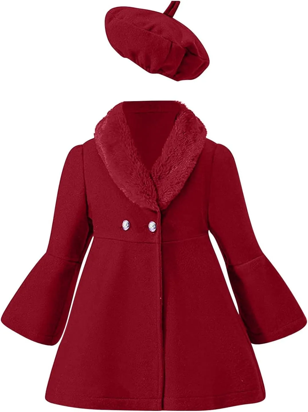 Kids Girls Trench Coat Long Sleeve Furry Collar Warm Peacoat with Beret Hat Set for Casual Wear