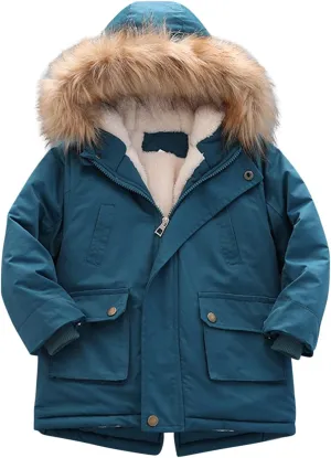 Kids Solid Color Down Coat for Boys Girls Zipper Open Front Fleece Hooded Cute Cotton padded Jacket Tops