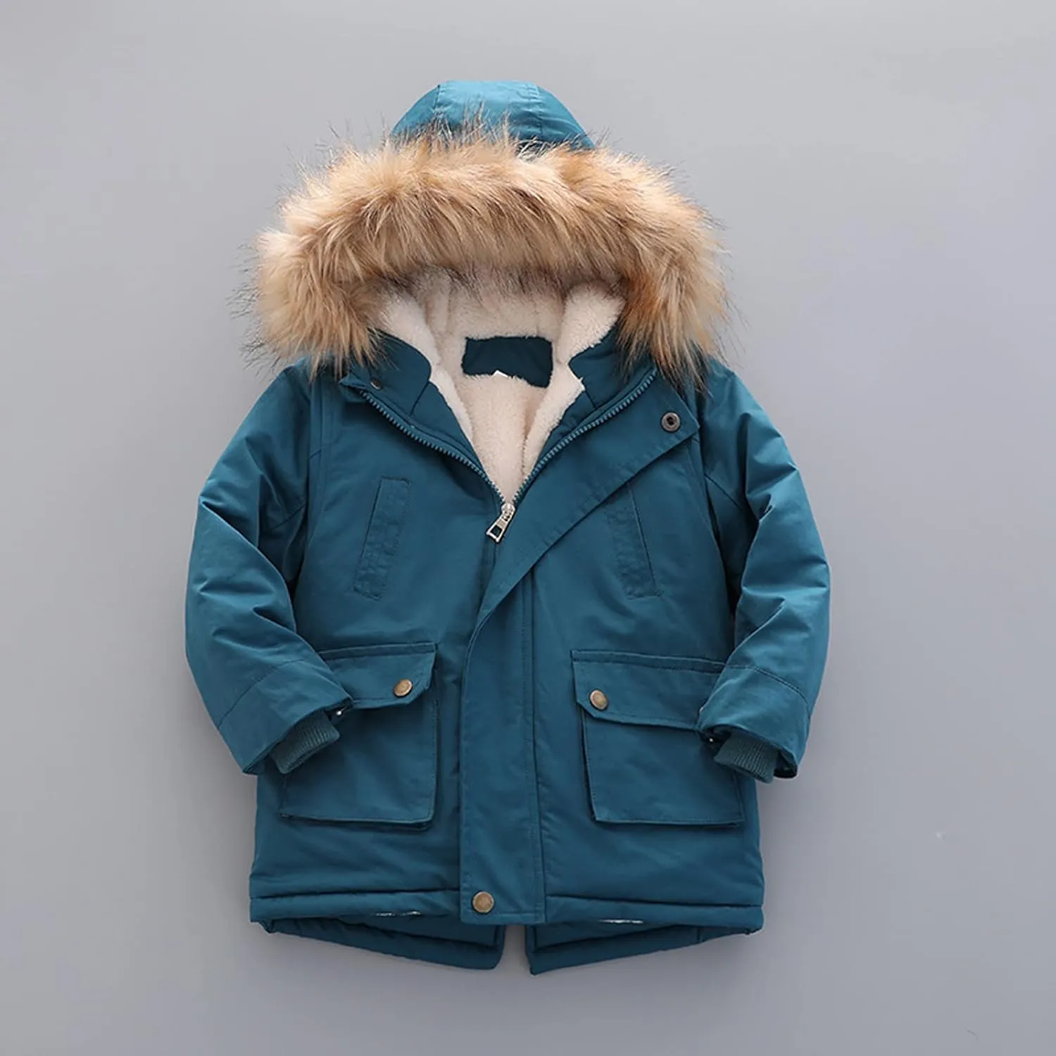 Kids Solid Color Down Coat for Boys Girls Zipper Open Front Fleece Hooded Cute Cotton padded Jacket Tops