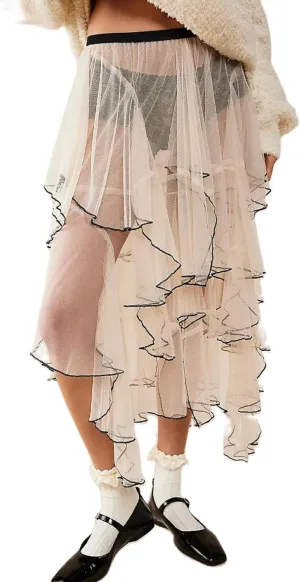 KMBANGI Womens Mesh Lace Long Skirt Asymmetrical Layered Ruffle Maxi Skirts Flowy Y2k See Through Midi Skirt Summer